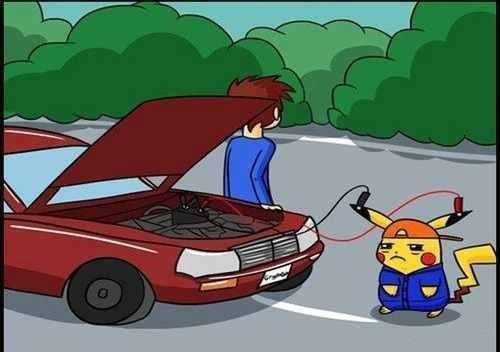 cargando la pila bateria del auto coche con pikachu